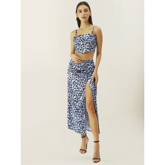 DressBerry Women's Printed Satin Knee Length 2 PCS Skirt Blouse Set Spaghetti Straps Shoulders Sleeveless High Rise Square Neck Western Style