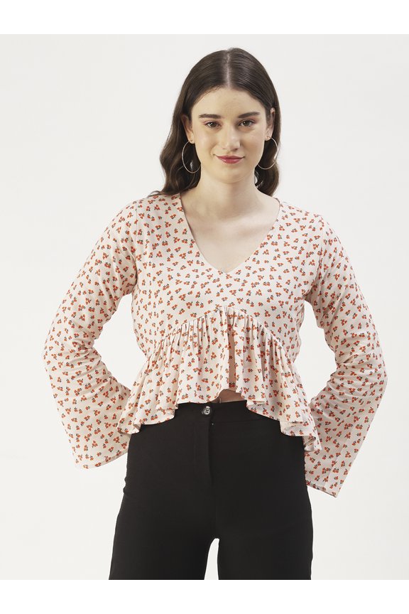 Women's Printed Viscose Rayon Clinched Waist V Neck Crop Top Long Bell Sleeves Flared Hem with Front Tie-ups Casual Wear High Waist Regular Short Blouse