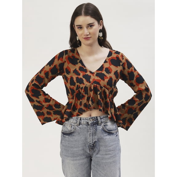 DressBerry Women's Printed Viscose Rayon Clinched Waist V Neck Crop Top Long Bell Sleeves Flared Hem with Front Tie-ups Casual Wear High Waist Regular Short Blouse