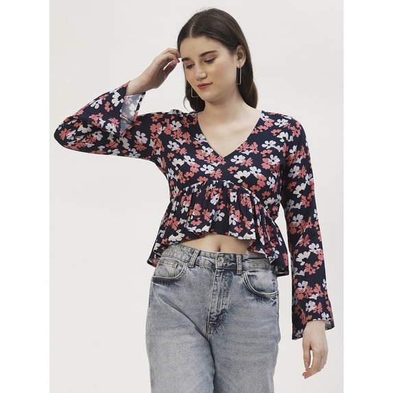 DressBerry Women's Printed Viscose Rayon Clinched Waist V Neck Crop Top Long Bell Sleeves Flared Hem with Front Tie-ups Casual Wear High Waist Regular Short Blouse