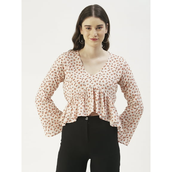 DressBerry Women's Printed Viscose Rayon Clinched Waist V Neck Crop Top Long Bell Sleeves Flared Hem with Front Tie-ups Casual Wear High Waist Regular Short Blouse
