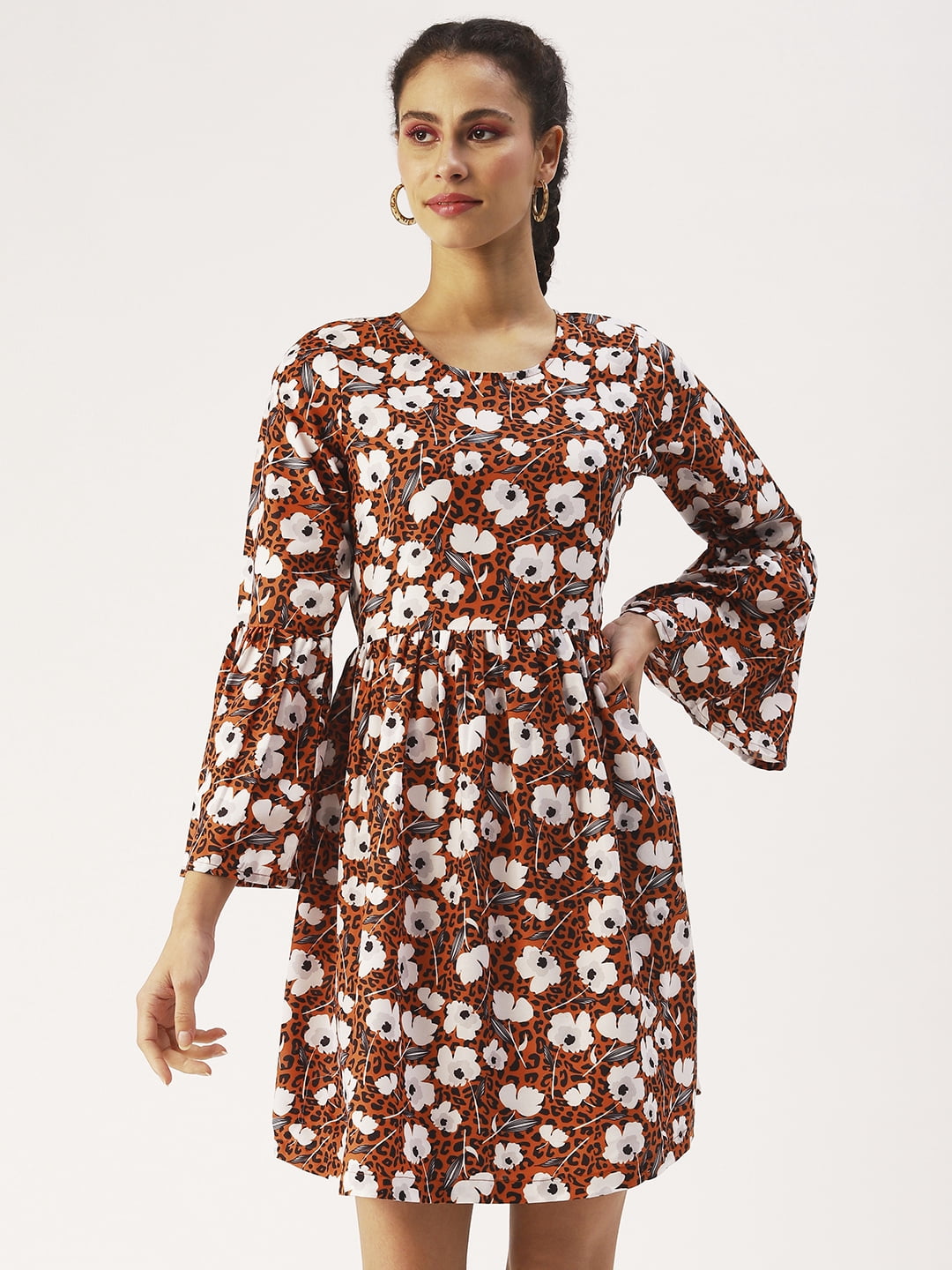 DressBerry Women's Printed Viscose Rayon Dress Round Neck Flared Long  Sleeves Knee Length Smocked Hem Beach Wear Light Weighted Casual Summer  Dress - Walmart.com