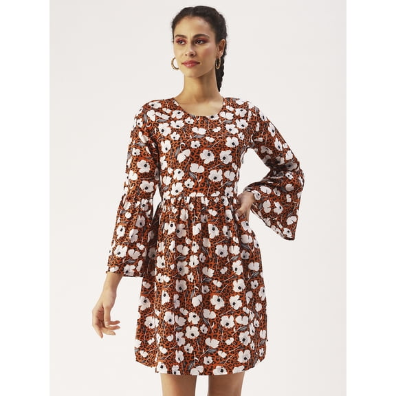 DressBerry Women’s Printed Viscose Rayon Dress Round Neck Flared Long Sleeves Knee Length Smocked Hem Beach Wear Light Weighted Casual Summer Dress