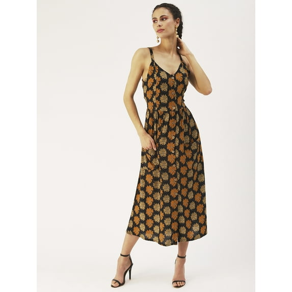 DressBerry Women’s Printed Viscose Rayon Dress Round Neck Strap Shoulders Sleeveless Calf Length Beach Wear Light Weighted Casual Summer Dress