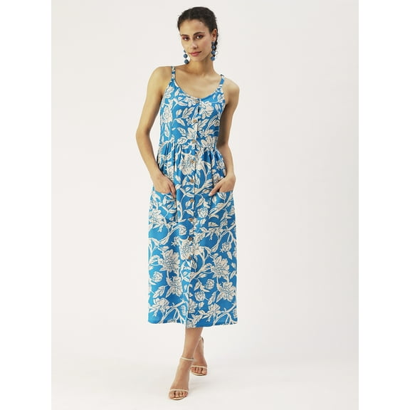 DressBerry Women’s Printed Viscose Rayon Dress Round Neck Strap Shoulders Sleeveless Calf Length Beach Wear Light Weighted Casual Summer Dress
