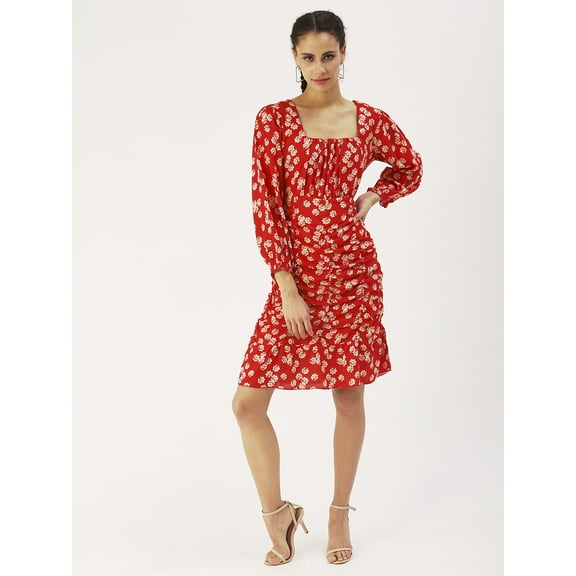 DressBerry Women’s Printed Viscose Rayon Dress Square Neck Long Balloon Sleeves Above Knee Length Ruffle Border Regular Wear Light Weighted Smocked Summer Dress