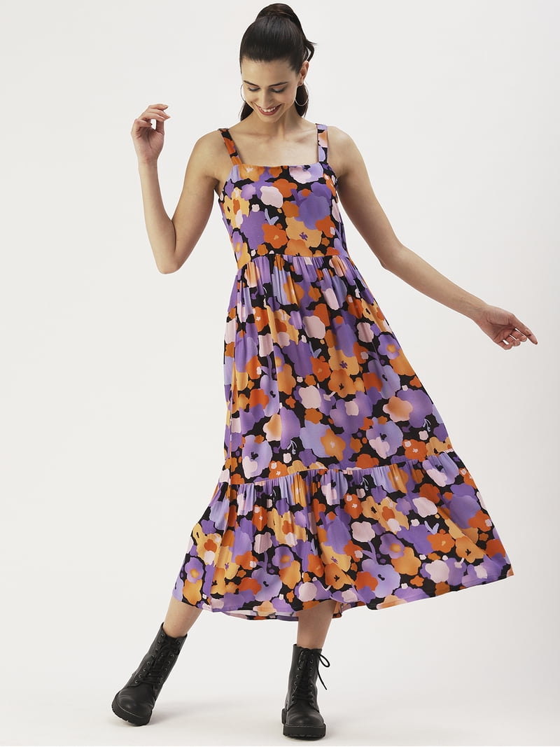DressBerry Women's Printed Viscose Rayon Dress Square Neck Sleeveless Calf  Length Regular Wear Light Weighted Casual Summer Long Dress - Walmart.com