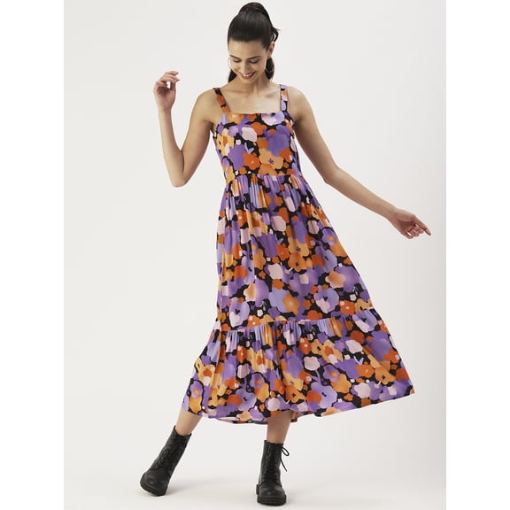 DressBerry Women’s Printed Viscose Rayon Dress Square Neck Sleeveless Calf Length Regular Wear Light Weighted Casual Summer Long Dress