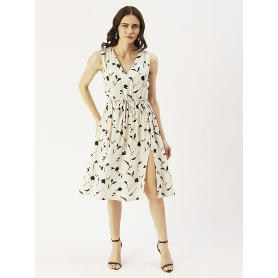 DressBerry Women’s Printed Viscose Rayon Dress V Neck Sleeveless Calf Length One Side Slit Regular Wear Light Weighted Casual Summer Dress