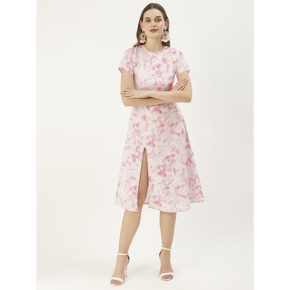 DressBerry Women’s Printed Viscose Rayon Front Slit Round Neck Calf Length Casual Summerwear Beachwear Partywear Light Weighted Straight Hem All Purpose One Piece Dress