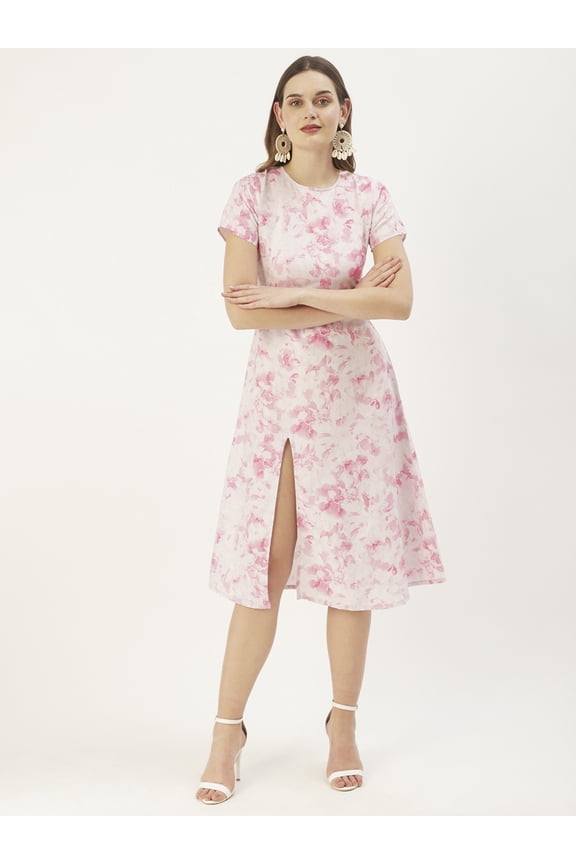 Women’s Printed Viscose Rayon Front Slit Round Neck Calf Length Casual Summerwear Beachwear Partywear Light Weighted Straight Hem All Purpose One Piece Dress