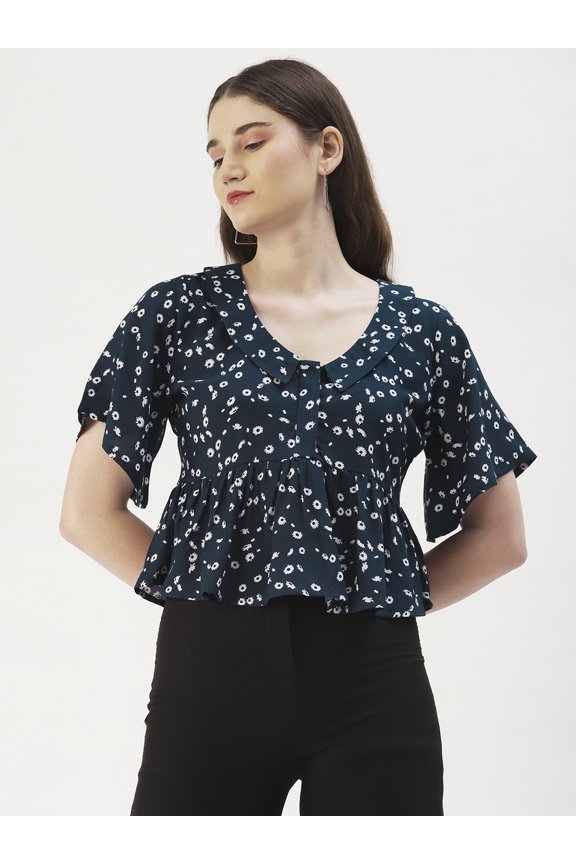 Women's Printed Viscose Rayon Short Flared Sleeves Pleated Crop Top Flared Hem Lightweighted Casual&nbsp;Summer Wear Waist Length Regular Short Blouse