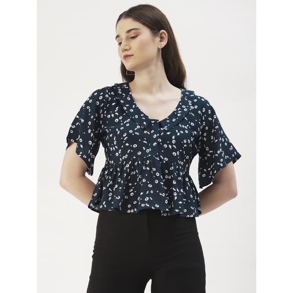 DressBerry Women's Printed Viscose Rayon Short Flared Sleeves Pleated Crop Top Flared Hem Lightweighted Casual Summer Wear Waist Length Regular Short Blouse