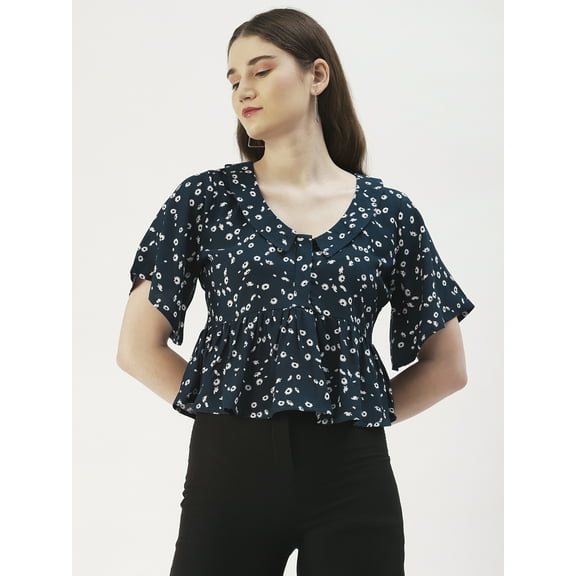 DressBerry Women's Printed Viscose Rayon Short Flared Sleeves Pleated Crop Top Flared Hem Lightweighted Casual Summer Wear Waist Length Regular Short Blouse