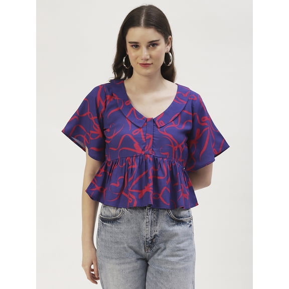 DressBerry Women's Printed Viscose Rayon Short Flared Sleeves Pleated Crop Top Flared Hem Lightweighted Casual Summer Wear Waist Length Regular Short Blouse
