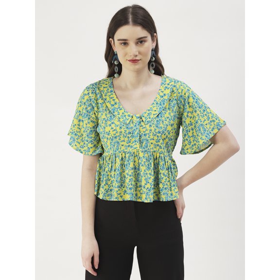 DressBerry Women's Printed Viscose Rayon Short Flared Sleeves Pleated Crop Top Flared Hem Lightweighted Casual&nbsp;Summer Wear Waist Length Regular Short Blouse