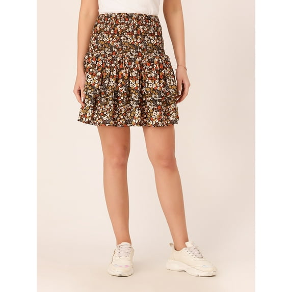 DressBerry Women's Printed Viscose Rayon Smocked Ruffled Mini Skirt Elastic Waist Flared Hem Regular Mini Skirt Casual Summer Wear Short Length Light Weighted Wavy Party Wear Skirt