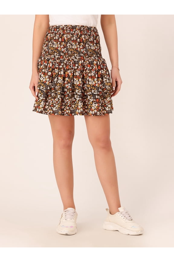 Women's Printed Viscose Rayon Smocked Ruffled Mini Skirt Elastic Waist Flared Hem Regular Mini Skirt Casual Summer Wear Short Length Light Weighted Wavy Party Wear Skirt