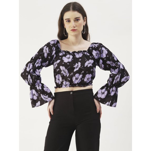 DressBerry Women's Printed Viscose Rayon Square Neck Ruffled Border Cropped Blouse Long Balloon Sleeves Casual Summer Wear Above Waist Length Regular Short Top