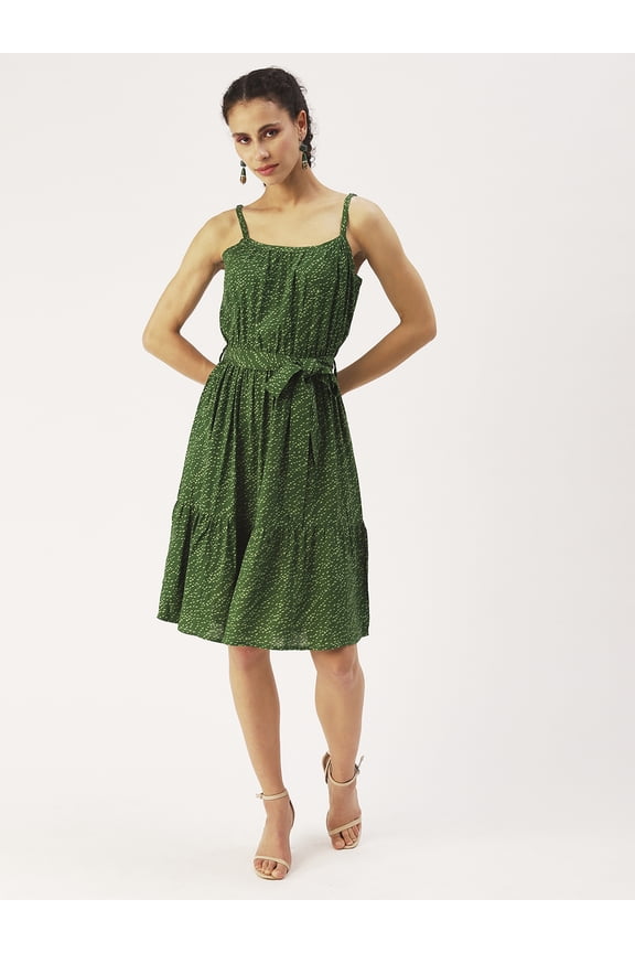 Women’s Printed Viscose Rayon Square Neckline Dress Strappy Light Weighted Sleeveless Knee Length Party Wear Casual Summer Dress