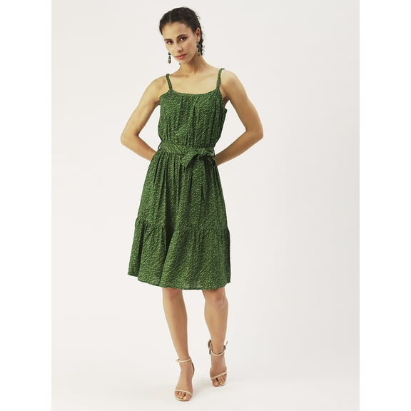 DressBerry Women’s Printed Viscose Rayon Square Neckline Dress Strappy Light Weighted Sleeveless Knee Length Party Wear Casual Summer Dress