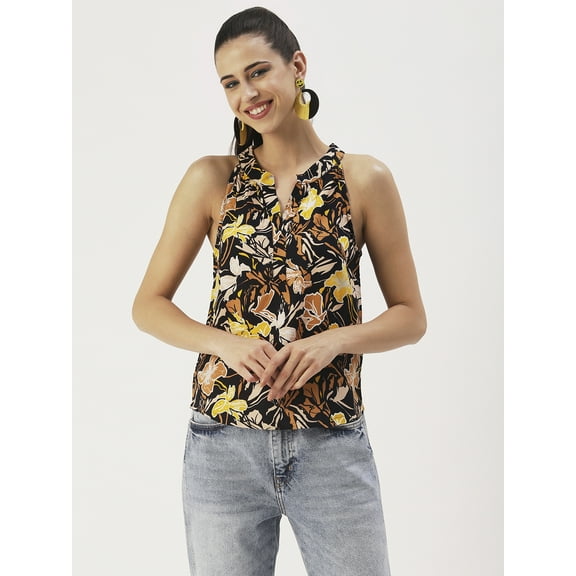 DressBerry Women’s Printed Viscose Rayon Top Buttoned Round Neck Sleeveless Pleated Shoulders Waist Length Regular Wear Light Weighted Casual Summer Blouse