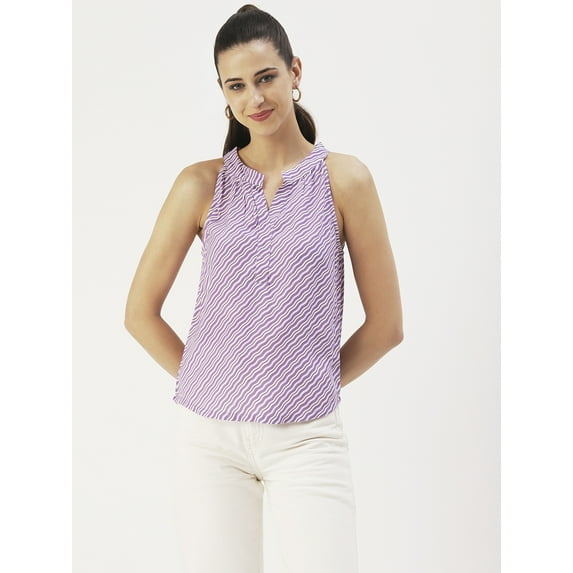 DressBerry Women’s Printed Viscose Rayon Top Buttoned Round Neck Sleeveless Pleated Shoulders Waist Length Regular Wear Light Weighted Casual Summer Blouse