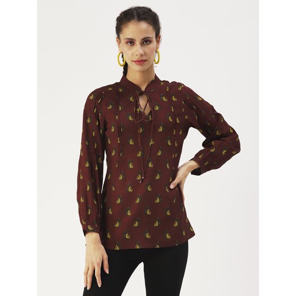 DressBerry Women’s Printed Viscose Rayon Top Keyhole Neck with Ties Long Pleated Sleeves Waist Length Regular Wear Light Weighted Casual Summer Top