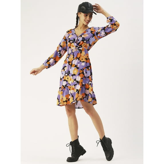 DressBerry Women’s Printed Viscose Rayon V Neck Dress 3/4th Long Balloon Sleeves Knee Length Flared Regular Wear Light Weighted Casual Summer Dress