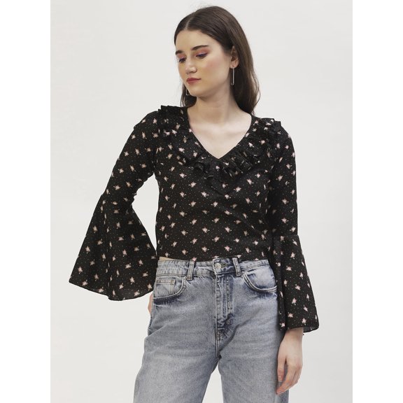 DressBerry Women's Printed Viscose Rayon V Neck Long Flared Sleeves Beach Wear Top Ruffled Front Casual Summer Wear Waist Length Regular Blouse