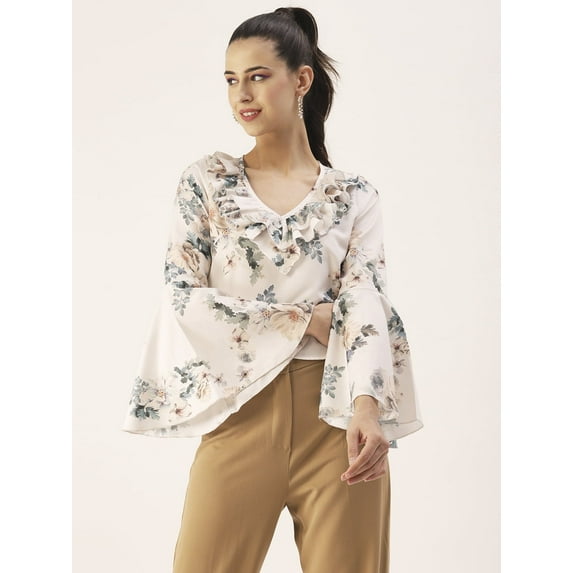 DressBerry Women's Printed Viscose Rayon V Neck Long Flared Sleeves Beach Wear Top Ruffled Front Casual Summer Wear Waist Length Regular Blouse