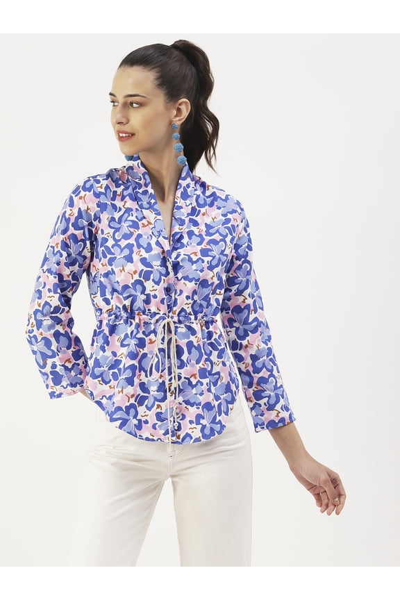 Women's Printed Viscose Rayon V Neck Top Clinched Waist Long Sleeves with Waist Tie-Ups High Low Hem Casual Summer Wear Waist Length Regular Top