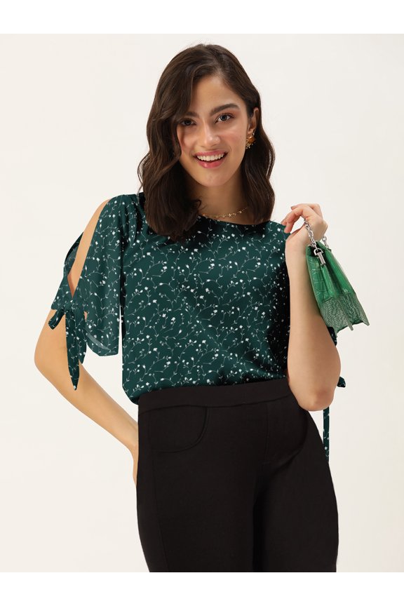 Women's Rayon Slub Round Neck Top Casual Summer Knot Cuff Split Sleeves Printed Cold Shoulders Western Style High Waist Light Weighted Blouse