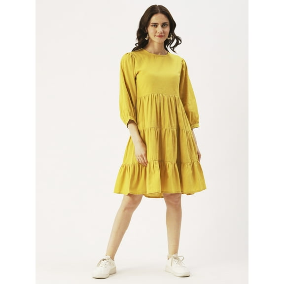 DressBerry Women’s Solid Cotton Flex Dress 3/4th Long Puffed Sleeves Tiered Above Knee Length Regular Wear Light Weighted Casual Summer Dress