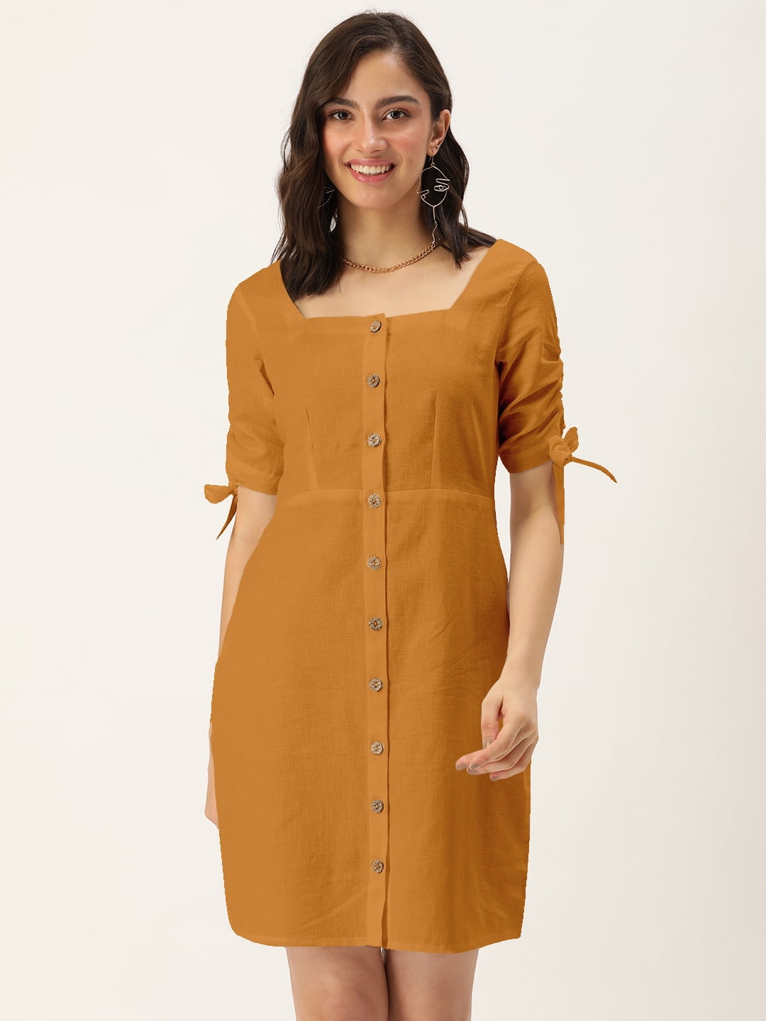DressBerry Women's Cotton Flex Dress, Summer Casual with Tie-up Elbow  Sleeves, High Waist, Buttoned Front - Walmart.com