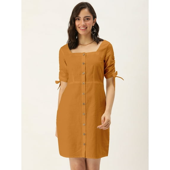 DressBerry Women's Solid Cotton Flex Dress Casual Summer Tie Up Elbow Sleeves Above Knee Length High Waist Square Neck Buttoned Front Western Style Light Weighted Straight Cut Short Dress