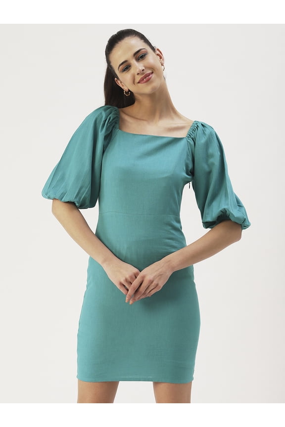 Women’s Solid Cotton Flex Dress Square Neck Elbow Puffed Sleeves Above Knee Length Regular Wear Light Weighted Casual Summer Dress