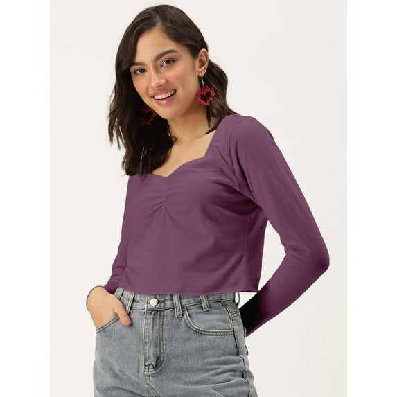 DressBerry Women's Solid Cotton Jersey Top Casual Summer Long Sleeves Sweetheart Neck Western Style Slip-On Light Weighted Loose Fitted Blouse Top