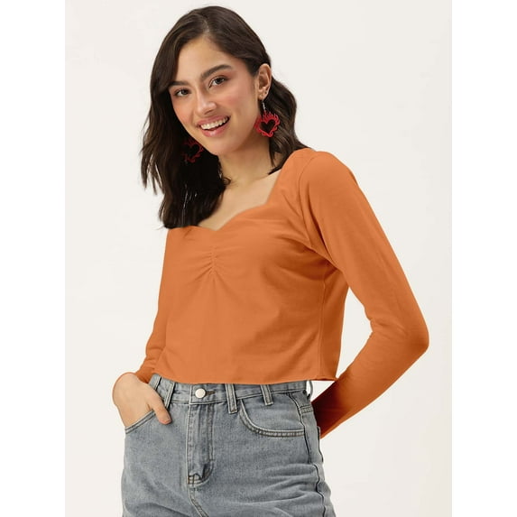 DressBerry Women's Solid Cotton Jersey Top Casual Summer Long Sleeves Sweetheart Neck Western Style Slip-On Light Weighted Loose Fitted Blouse Top