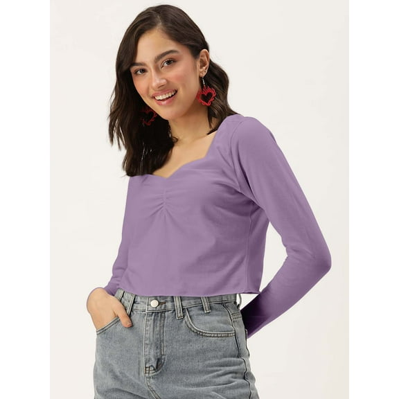 DressBerry Women's Solid Cotton Jersey Top Casual Summer Long Sleeves Sweetheart Neck Western Style Slip-On Light Weighted Loose Fitted Blouse Top