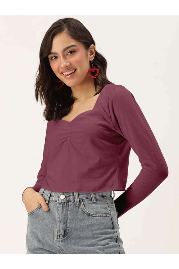 Women's Solid Cotton Jersey Top Casual Summer Long Sleeves Sweetheart Neck Western Style Slip-On Light Weighted Loose Fitted Blouse Top