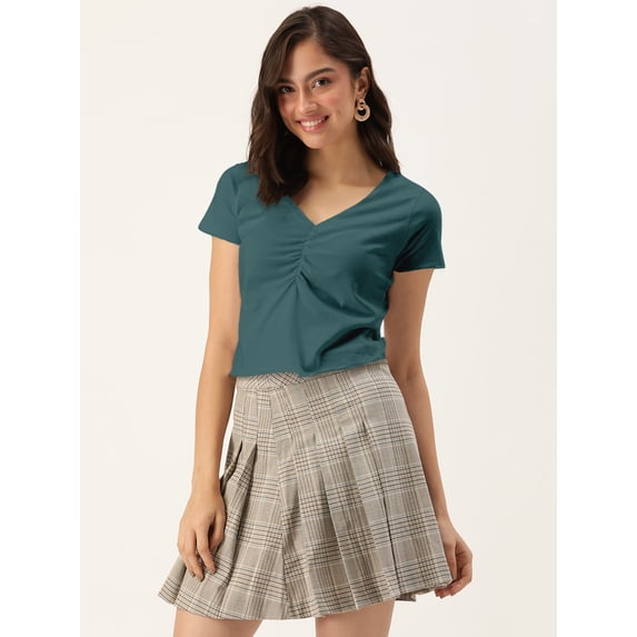 DressBerry Women's Solid Cotton Jersey Top Casual Summer Short Sleeves V Neck Western Style Slip-On Light Weighted Loose Fitted Crop Top Blouse