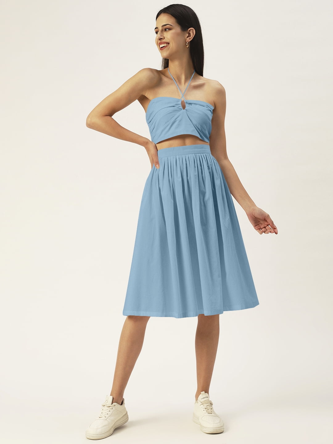 DressBerry Women's Solid Cotton Knee Length PCS Skirt Top Set