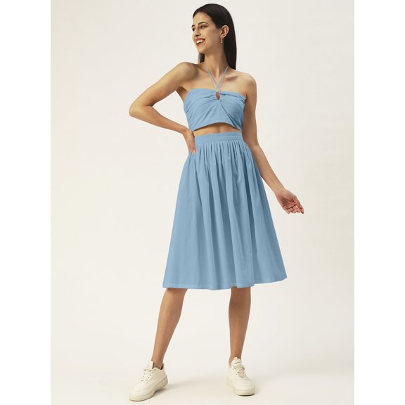 DressBerry Women's Solid Cotton Knee Length 2 PCS Skirt Top Set Spaghetti Straps Shoulders Sleeveless High Rise Keyhole Neck High Waist