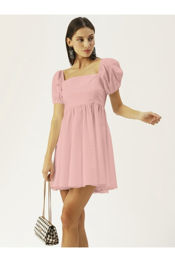 Women's Solid Cotton Pleated Flared Mini Dress Short Puffed Sleeves High Rise Front V Neck Frilled Bottom Western Style Short