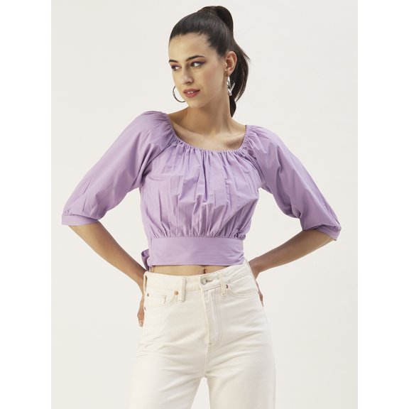 DressBerry Women's Solid Cotton Poplin 3/4th Sleeves Crop Top Round Elasticated Neck Partywear Back Ribbon Ties Casual Summer Wear Above Waist Regular Short Top