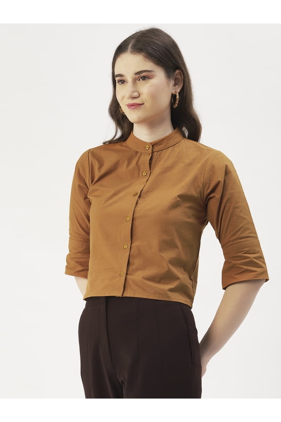 Women's Solid Cotton Poplin Buttoned Front 3/4th Sleeves Crop Top Mandarin Collar Flared Casual Summer Wear High Waist Regular Short Shirt