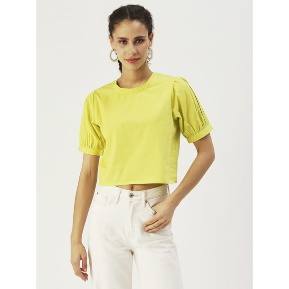 DressBerry Women’s Solid Cotton Poplin Crop Top Round Neck Short Sleeves High Waist Regular Wear Light Weighted Casual Summer Top