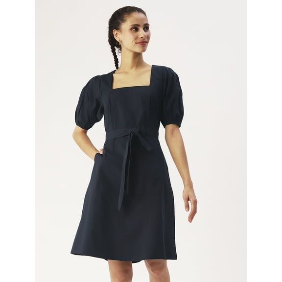 DressBerry Women’s Solid Cotton Poplin Dress Square Neck with Attached Fabric Belt Short Puffed Sleeves Knee Length Regular Wear Light Weighted Casual Summer Dress