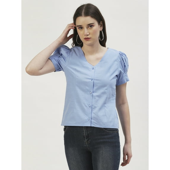 DressBerry Women's Solid Cotton Poplin Short Puffed Sleeves Blouse Buttoned Closure V Neck Lightweighted Casual Summer Wear Waist Length Regular Top